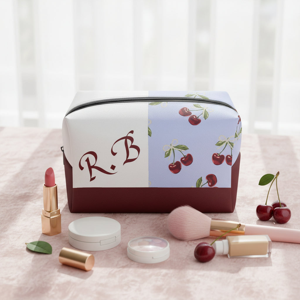 Leather Makeup Bag, Boxy PU Toiletry Case, Personalized Cosmetic Organizer, with Block Cherry