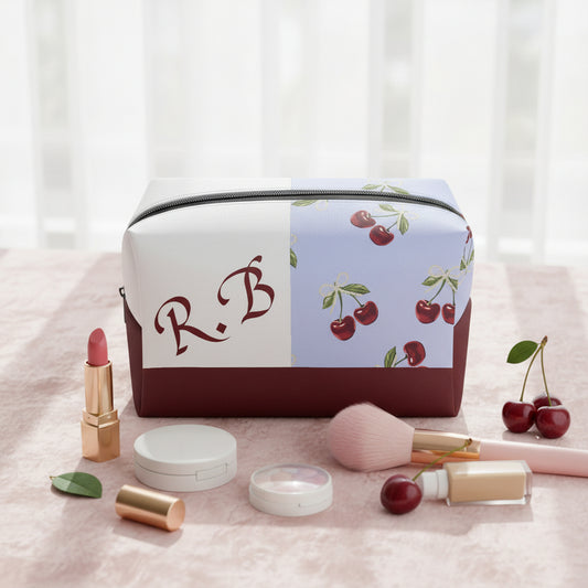 Leather Makeup Bag, Boxy PU Toiletry Case, Personalized Cosmetic Organizer, with Block Cherry
