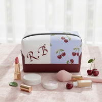 Small Leather Makeup Bag | Personalized Wine & Blue Color Block Case