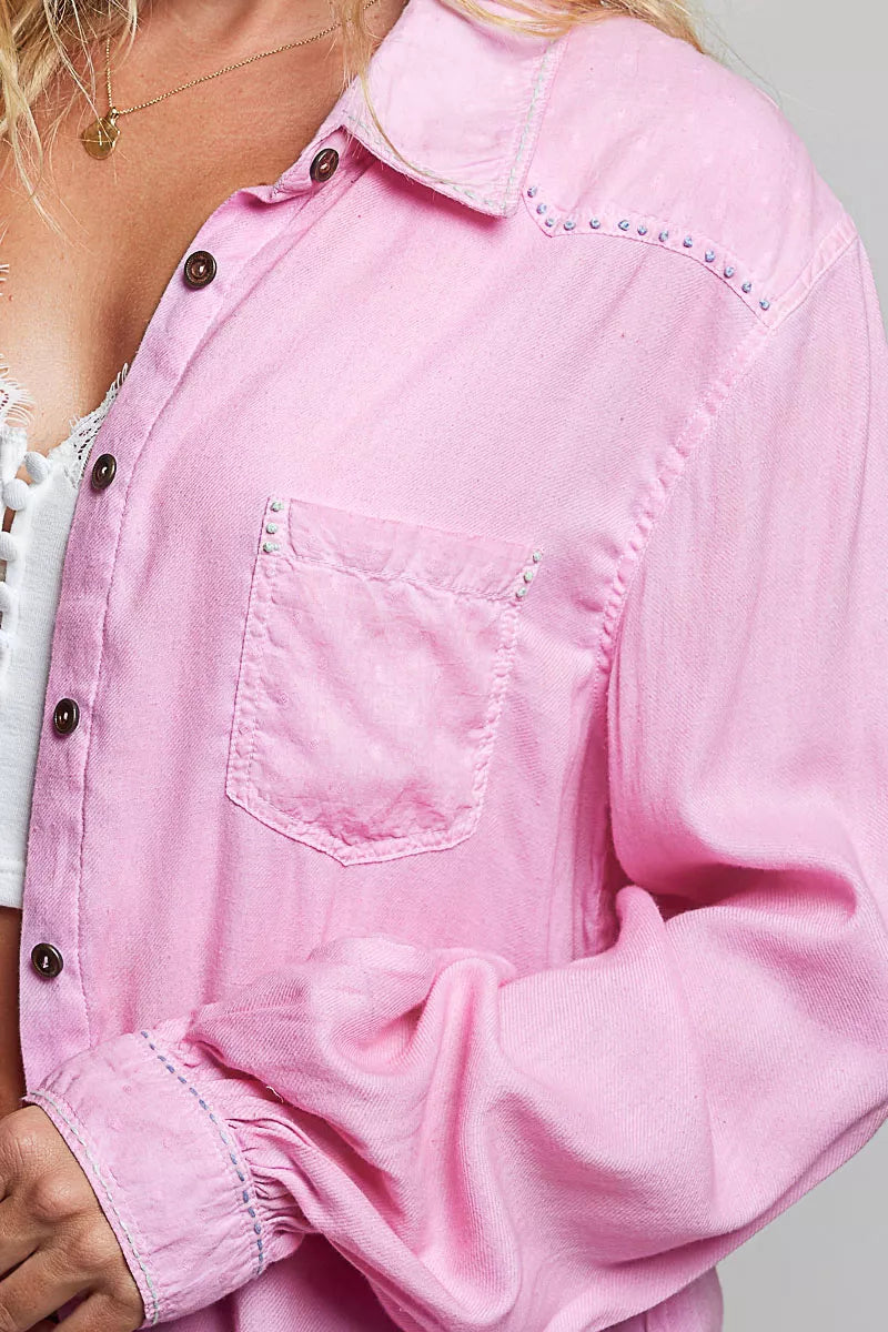 Candy pink cotton western button-front shirt, chest pocket and studded collar detail