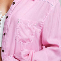 Candy pink cotton western button-front shirt, chest pocket and studded collar detail