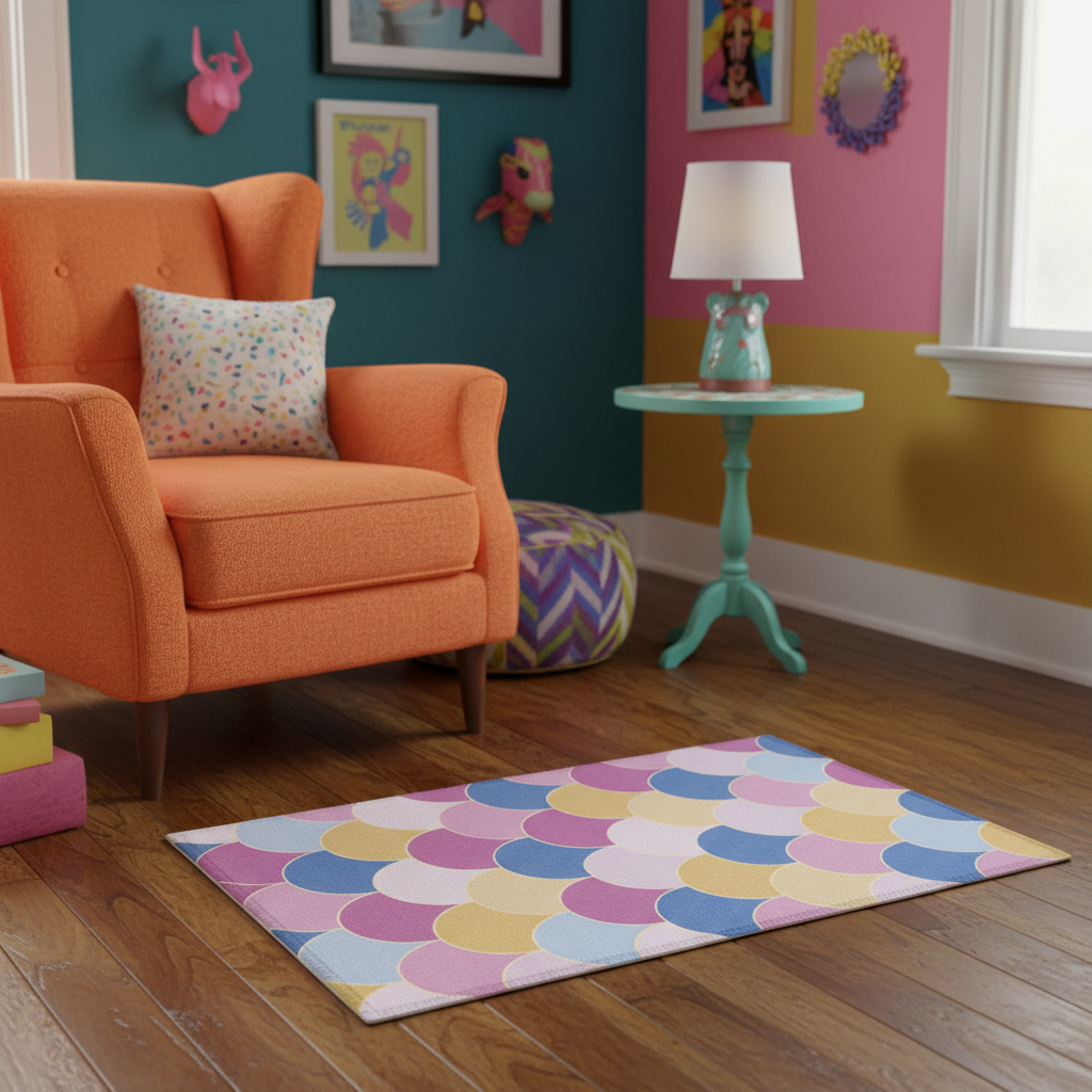 Abstract geometric rug with scallop arcs in pink, blue, yellow, and cream.