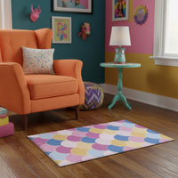 Abstract geometric rug with scallop arcs in pink, blue, yellow, and cream.