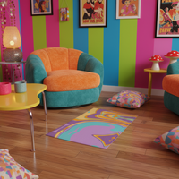 Abstract geometric rug with pink, orange, and teal wavy shapes