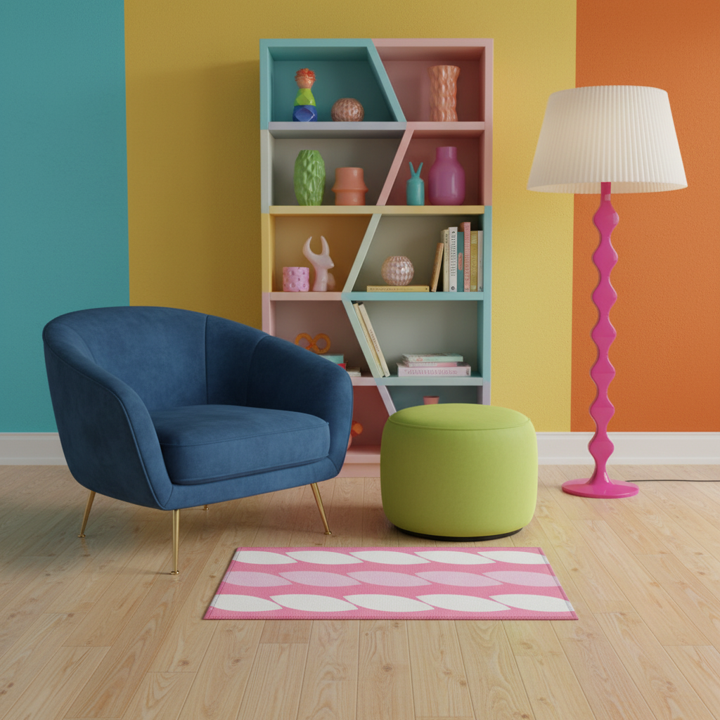 Pink and white abstract geometric rug with bold repeating shapes