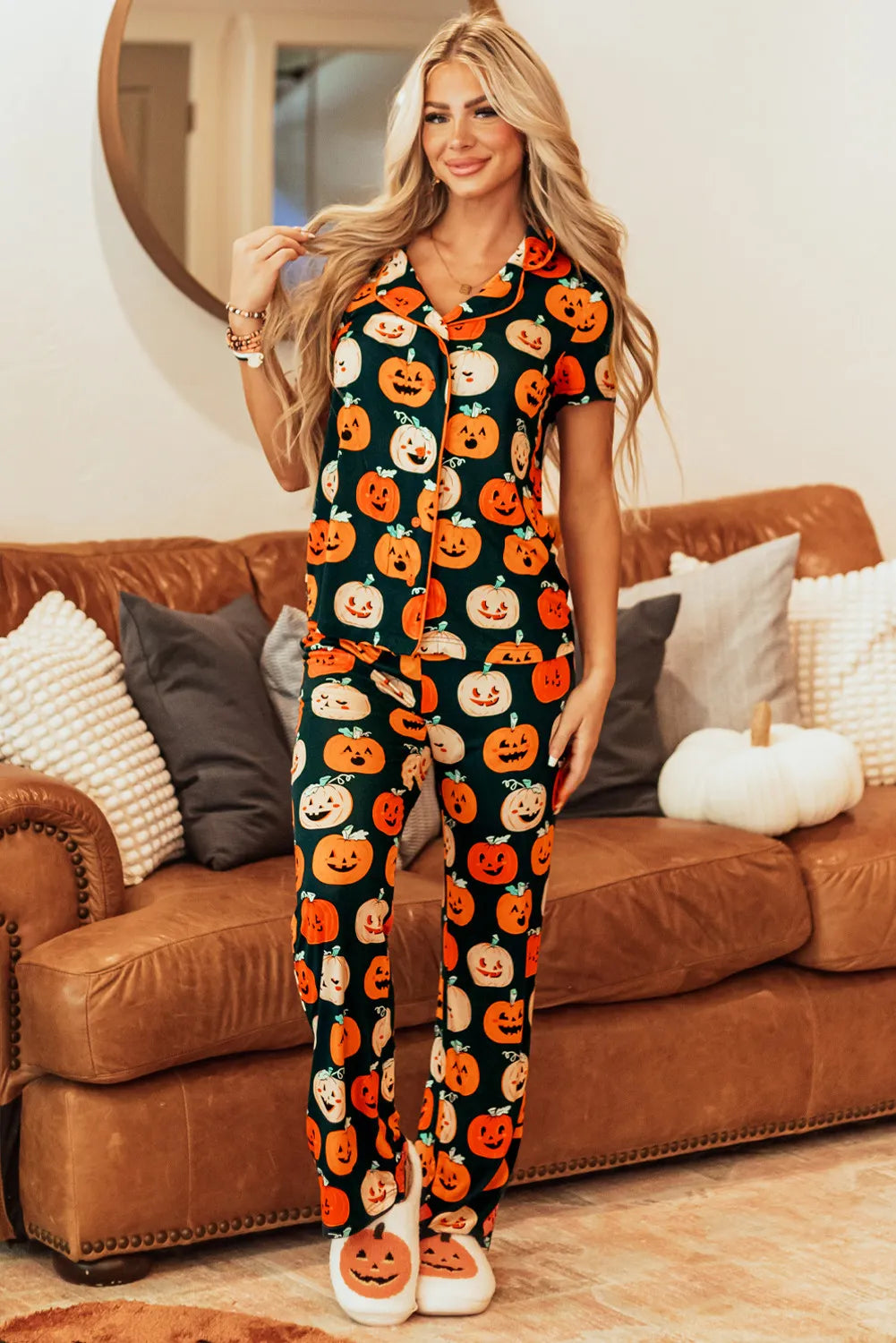 Orange and dark green pumpkin-printed short-sleeve top and matching lounge pants