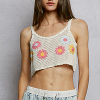 Ivory crochet cropped cami with floral embroidery and scalloped neckline