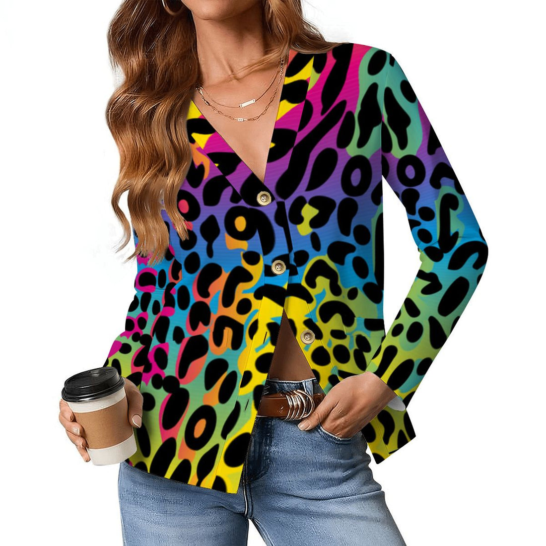 Leopard Print Cardigan Womens Neon Lightweight V Neck Sweater