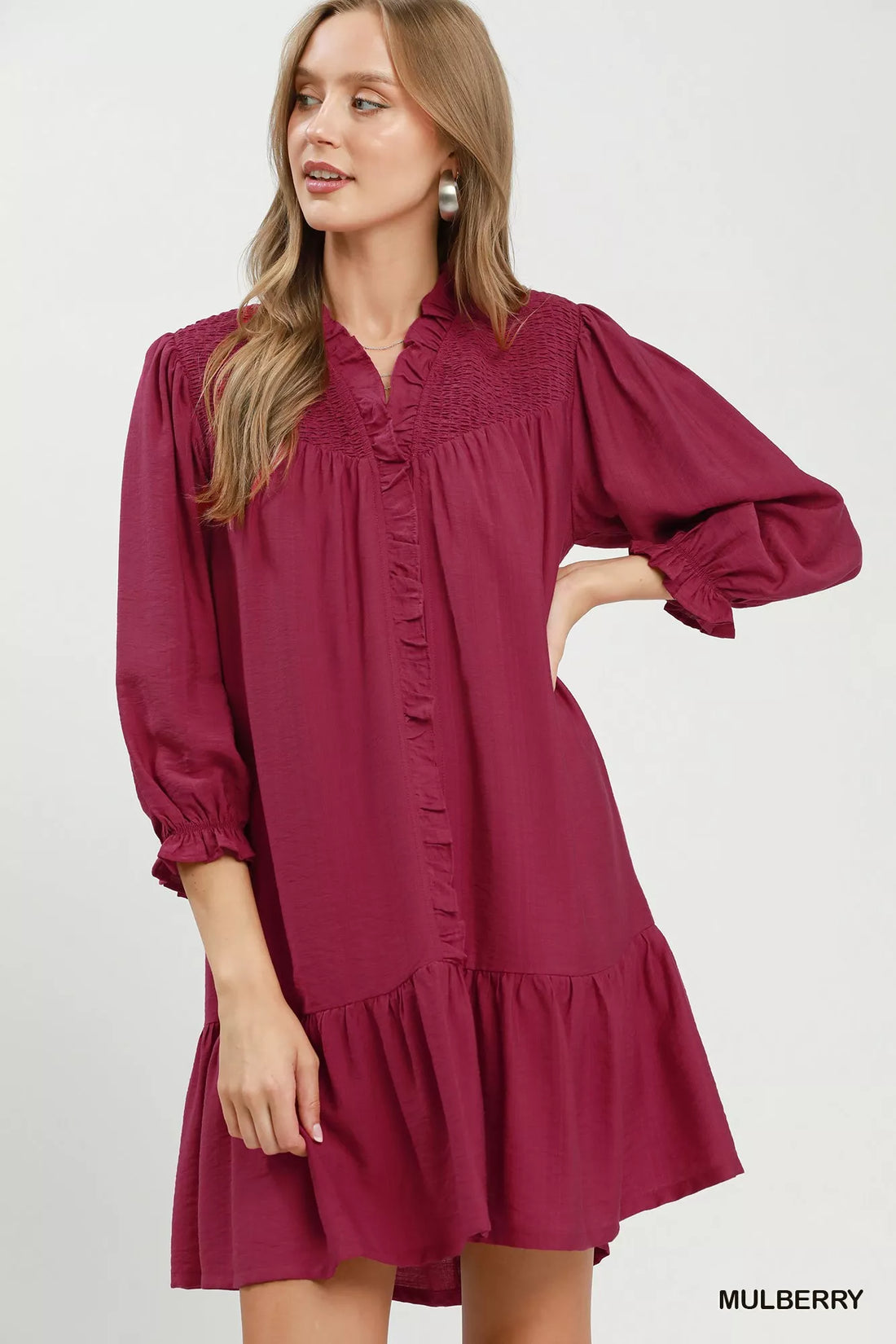 Mulberry mini dress with smocked ruffle V-neck, tiered skirt, puff sleeves