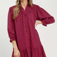 Mulberry mini dress with smocked ruffle V-neck, tiered skirt, puff sleeves