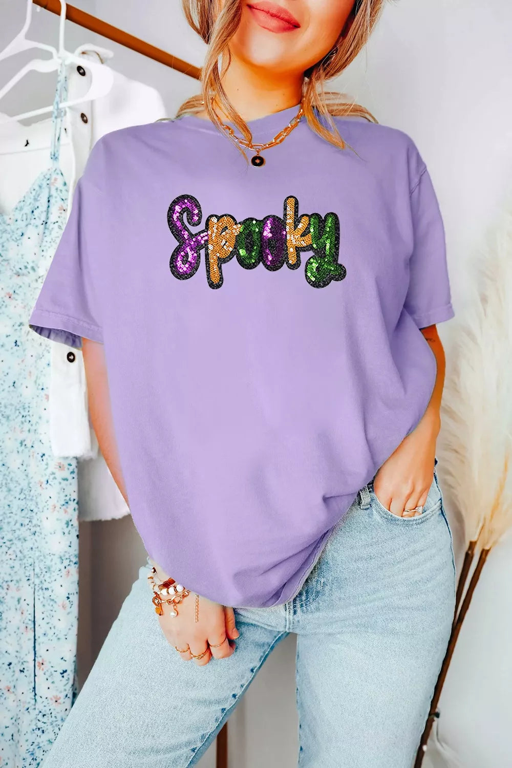Lavender cotton-blend T-shirt with sequin &