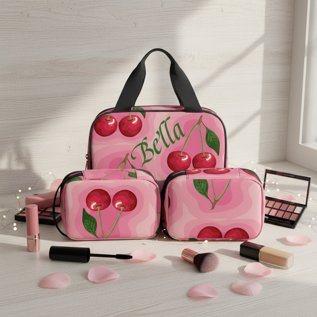Custom Makeup Bag Set, 3-Piece Toiletry Organizer, Cosmetic Bags, PU Leather Personalized Pink Cherry