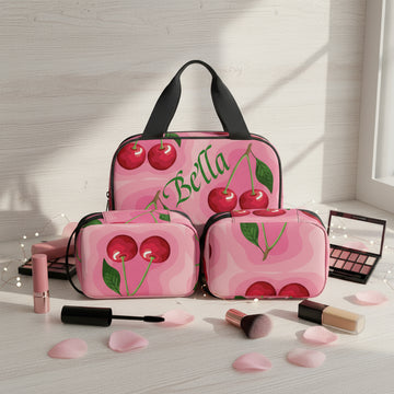Custom Makeup Bag Set, 3-Piece Toiletry Organizer, Cosmetic Bags, PU Leather Personalized Pink Cherry