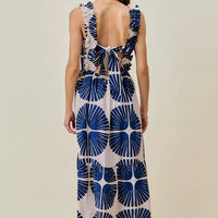 Navy abstract print midi dress, open back with smocked bodice and tiered skirt