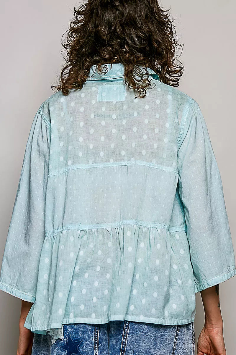 Aqua polka-dot button-front shirt with gathered waist and long sleeves, back view