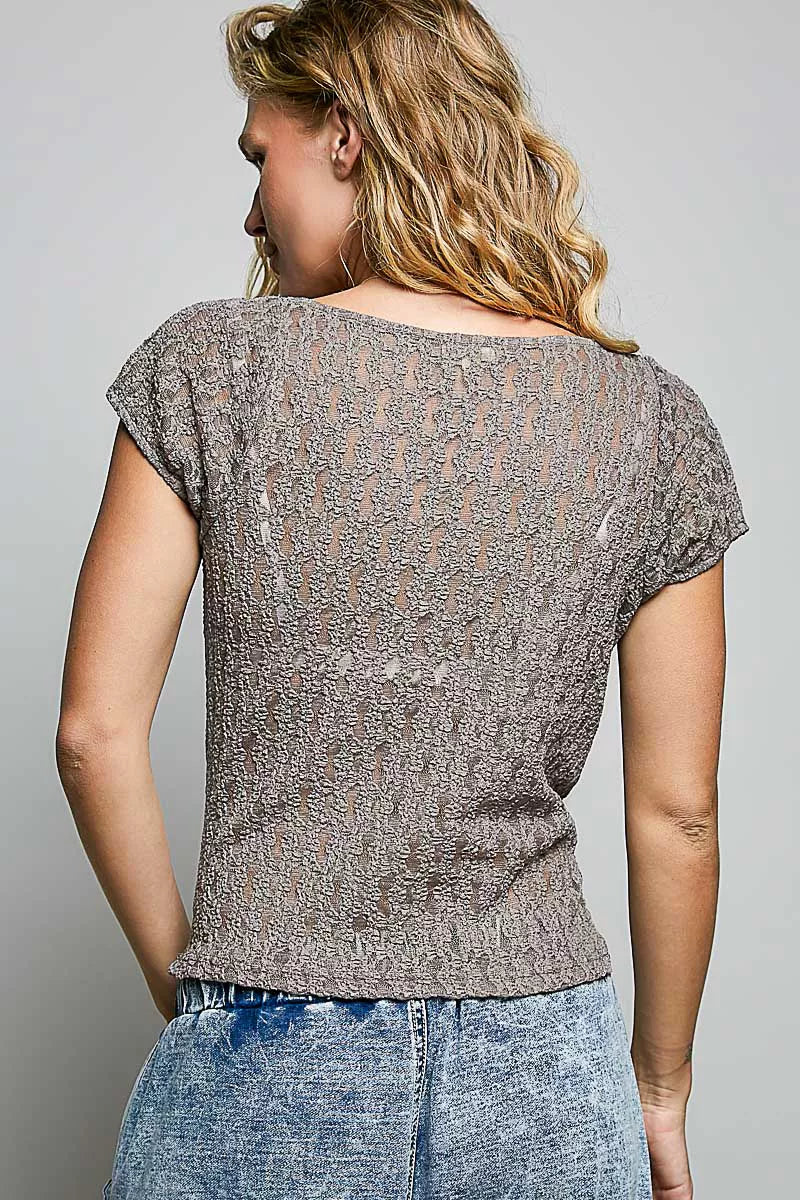 Grey lace short-sleeve top, textured back panel