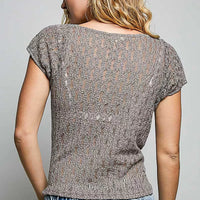 Grey lace short-sleeve top, textured back panel