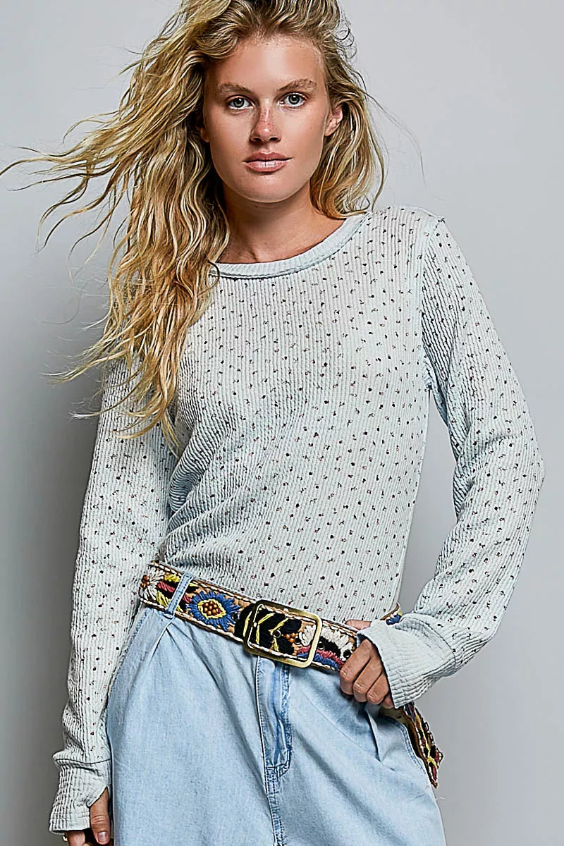 Light blue speckled ribbed knit crew neck long-sleeve top, fitted silhouette