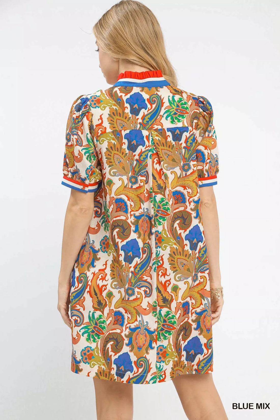 Blue mix abstract print mini dress from back view, short sleeves and collar