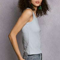 Powder blue ribbed round-neck tank top, side view