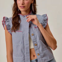 Ruffled sleeveless vest top with blue-and-white stripes, red trim collar, front button placket