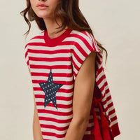 Red and ivory striped sleeveless vest top with navy star patch and tied side sleeves