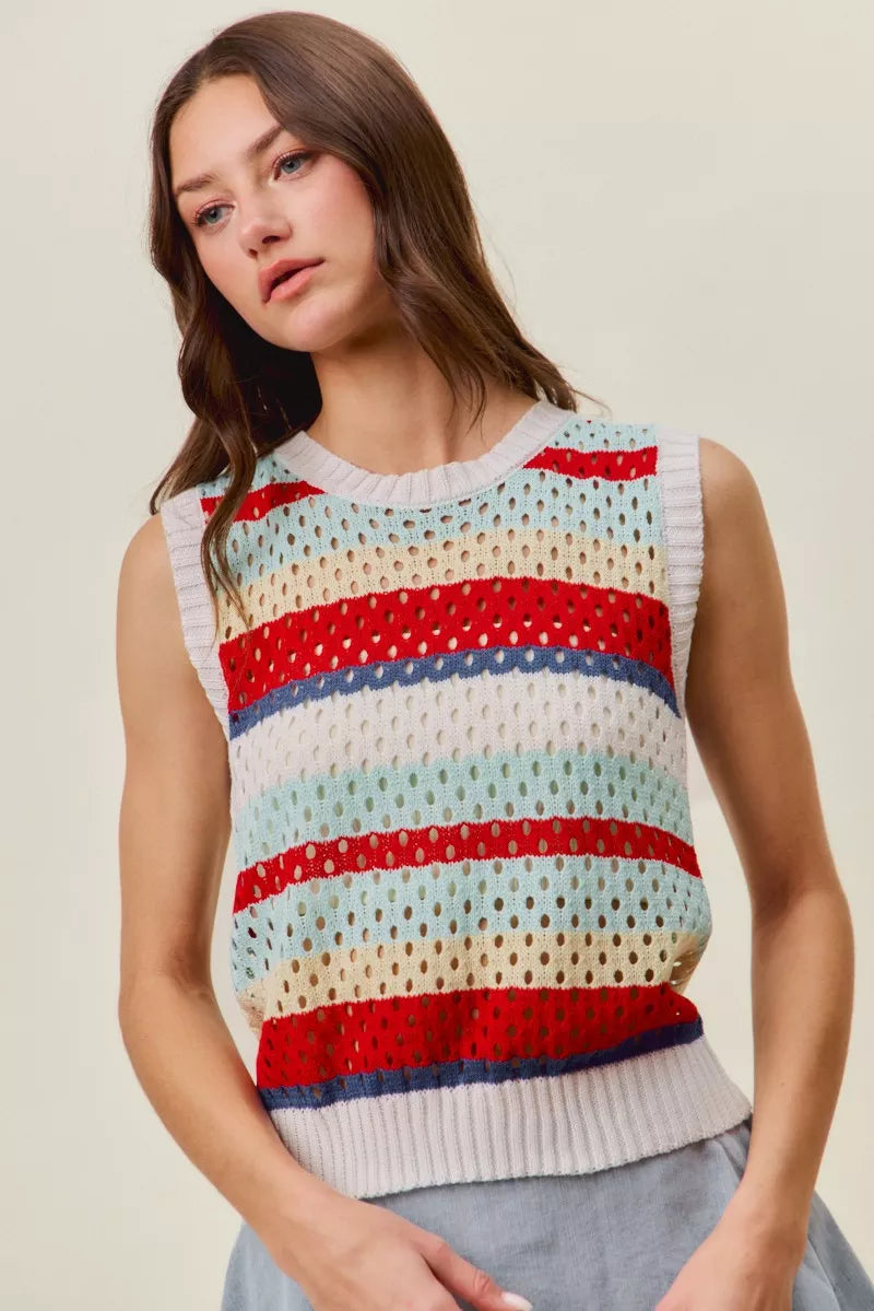 Women’s sweater knit tank top with red, navy, and blue striped pattern