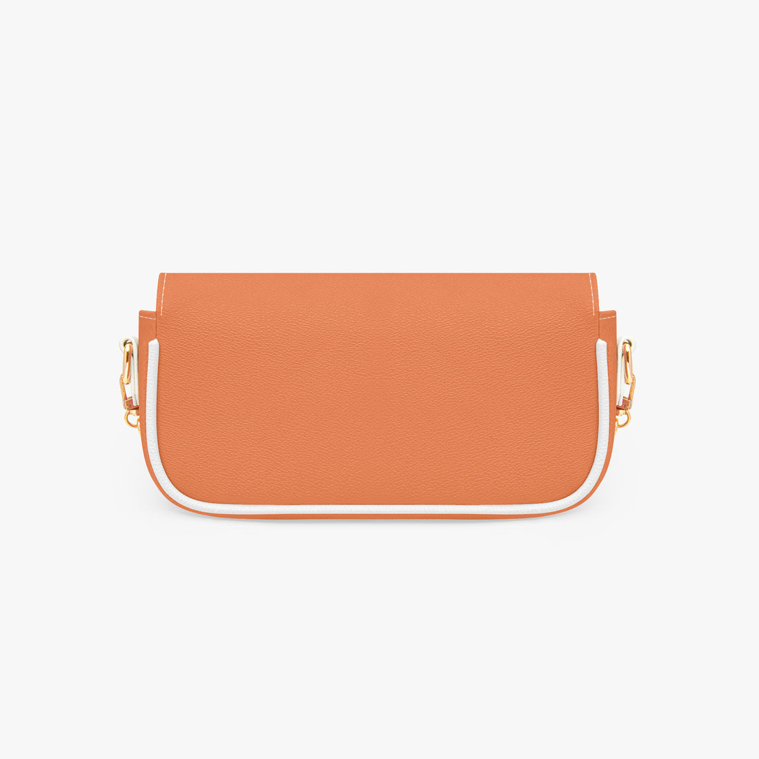 Orange compact shoulder bag with structured front, open top flap, and gold hardware