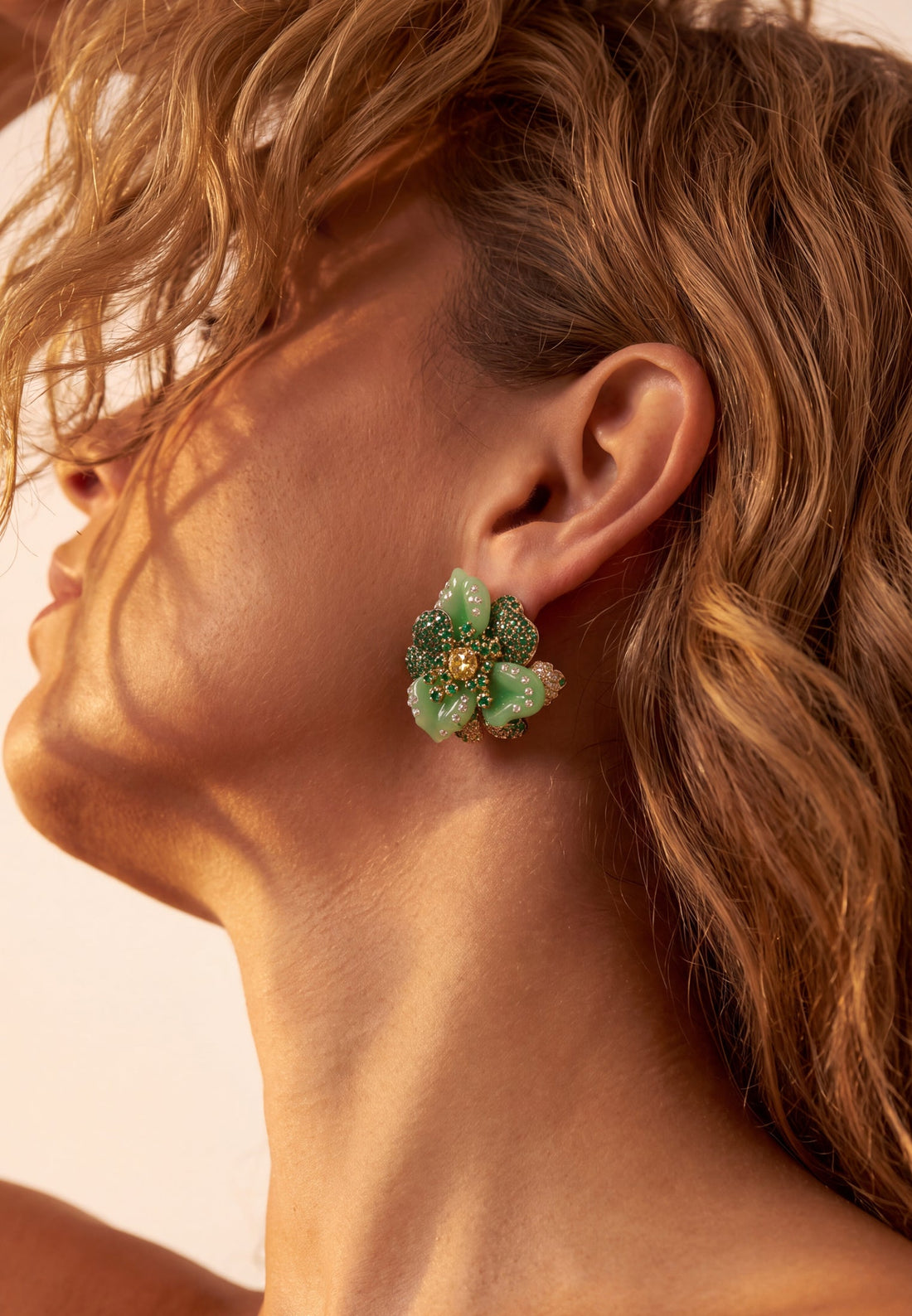 Jade Rose Flower Stud Earrings Gold-4