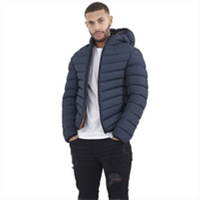 Men's Brave Soul Grant navy padded jacket with hood and horizontal quilting.