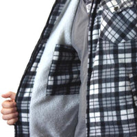 Men's sherpa shirt jacket showing soft fleece lining and black-and-white plaid outer fabric