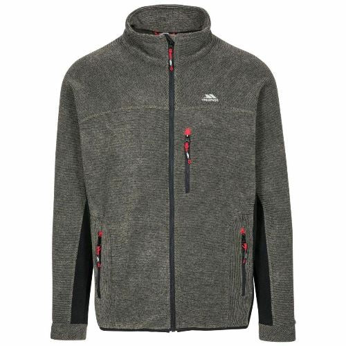 Trespass Jynx olive-gray striped fleece jacket with stand collar and three zip pockets