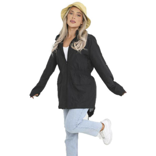 Mid-thigh hooded rain mac with zip front and side pockets, black