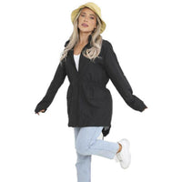 Mid-thigh hooded rain mac with zip front and side pockets, black