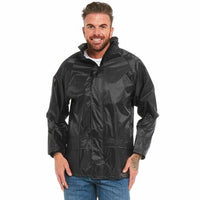 Black waterproof jacket with hood, front zip and lower patch pockets