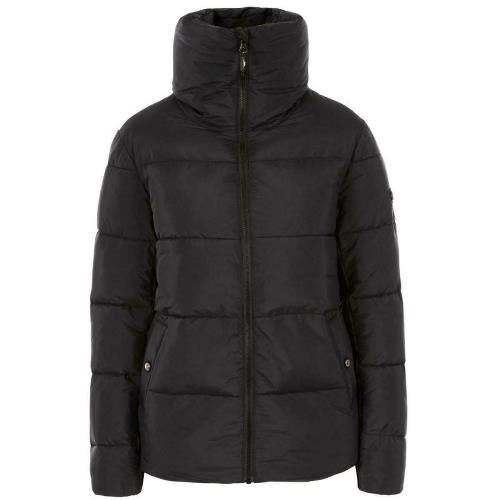 Black padded jacket with a deep collar, front zip and stud-fastening pockets