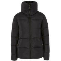 Black padded jacket with a deep collar, front zip and stud-fastening pockets
