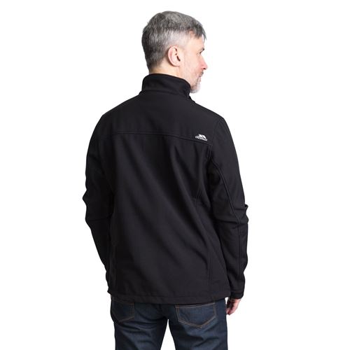Back view of the black Trespass Vander softshell jacket with high collar and shoulder seam