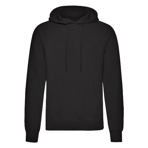 Black pullover hoodie with drawstring hood and front kangaroo pocket