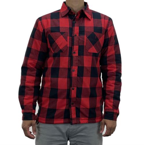 Red and navy plaid sherpa-lined work shirt with button front and two chest pockets.