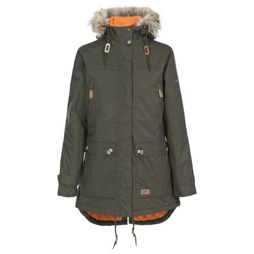 Dark green waterproof parka jacket with faux-fur hood and orange lining at hem