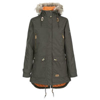 Dark green waterproof parka jacket with faux-fur hood and orange lining at hem