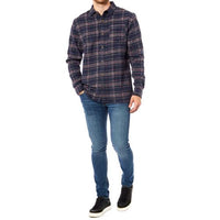 Men's dark plaid flannel shirt with long sleeves and button front