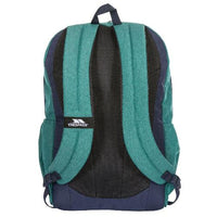 Trespass ALDER backpack rear view with teal shoulder straps and padded black mesh back.