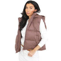 Ladies padded hooded gilet in brown, zip-front sleeveless design
