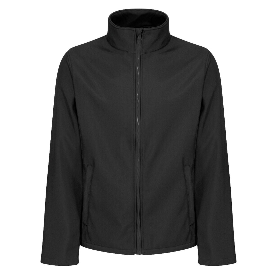 Black softshell jacket with a stand collar, full-length front zipper and two zip pockets.