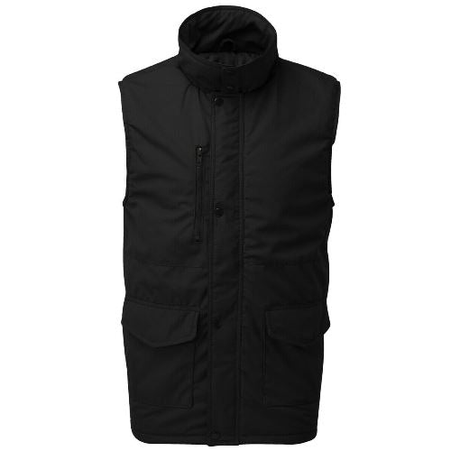 Black quilted gilet with a high collar, front zip, and flap pockets