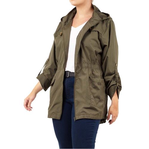 Plus size hooded rain mac with zip front and side pockets, olive green