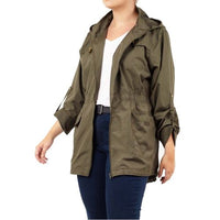 Plus size hooded rain mac with zip front and side pockets, olive green