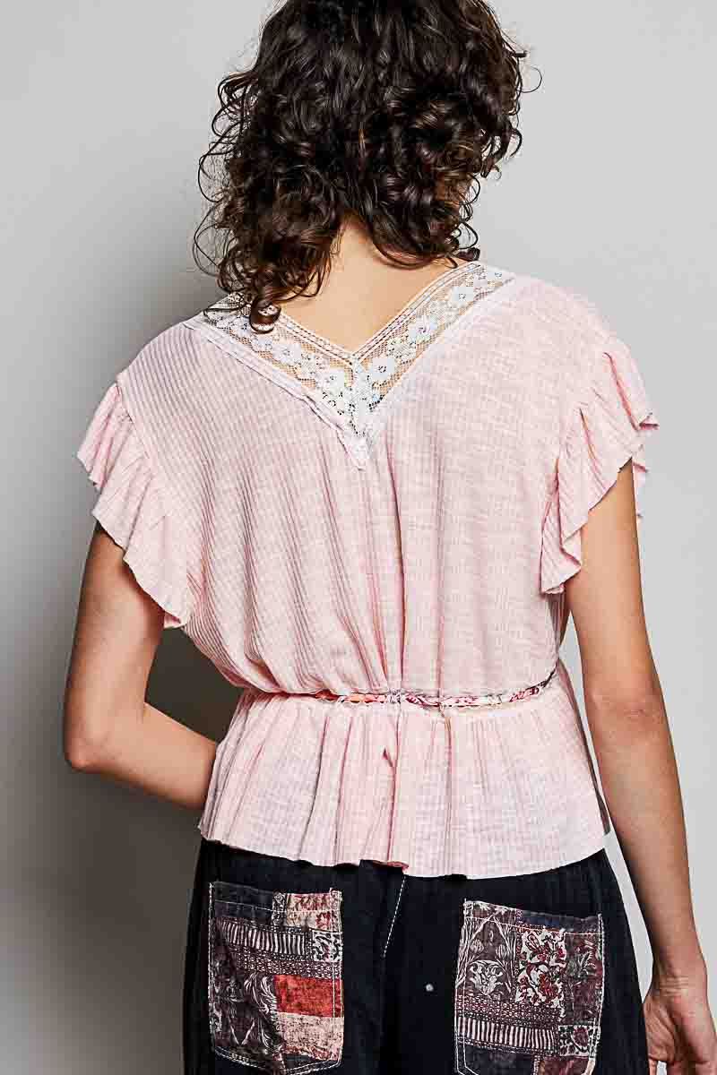 Blush striped peplum blouse with V-back lace trim and ruffled flutter sleeves